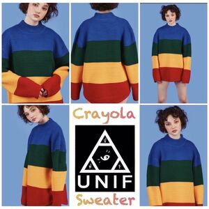 UNIF Womens Sweater Small Rainbow Pullover Turtleneck Chunky Knit Ribbed Crayola
